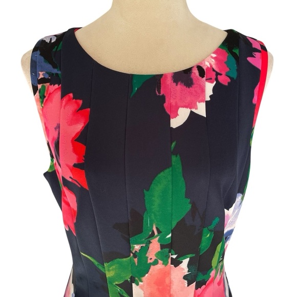 Vince Camuto Floral Flutter Pleated Fit & Flare Navy Pink Dress Women Size 14 - Picture 4 of 8